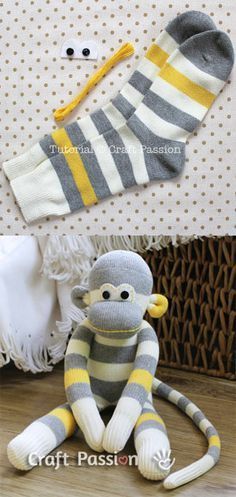 the sock monkey is knitted in two different colors and has a yellow stripe on it