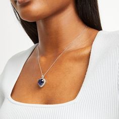 A rich heart-shaped blue lab-created sapphire gleams within a frame of white lab-created sapphires on this stunning necklace for her. Fashioned in classic sterling silver, the pendant sways from an 18-inch cable chain that secures with a lobster clasp. Blue Heart Necklace, Sapphire Heart Necklace, Gold Layered Bracelets, Neil Lane Engagement Rings, Pearl Diamond Jewelry, Cross Jewelry Necklace, Fan Jewelry, Create Account, Bezel Engagement Ring