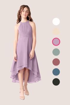 Linna is our lovely junior bridesmaid dress cut from chiffon. She features a pleated halter neckline paired with a waistband. The look is complete with a tiered high low A-line skirt. Young Bridesmaid Dresses, Dusk Bridesmaid Dress, Candy Pink Bridesmaid Dresses, Wisteria Bridesmaid Dresses, Taupe Bridesmaid Dresses, High Low Bridesmaid Dresses, Plum Bridesmaid Dresses, Junior Girl Dresses, Lilac Bridesmaid Dresses