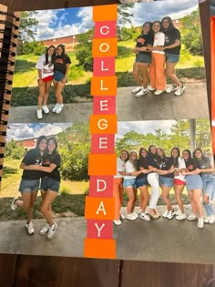 a collage of photos with the words college day written on them and people posing for pictures