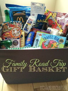 a family road trip gift basket is shown