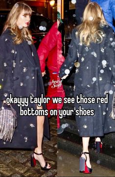 two women walking down the street wearing red shoes and black coats with snowflakes on them