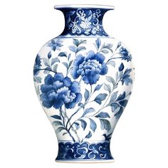 a blue and white vase with flowers painted on the front, sitting upright against a white background