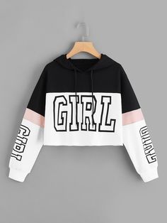 1Plus1 Girls Color-block Letter Print Drawstring Hoodie | ROMWE Trendy Fashion Tops, Crop Top Outfits, Tween Outfits, Cute Comfy Outfits