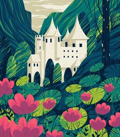 an image of a castle in the woods with flowers and trees around it on a sunny day