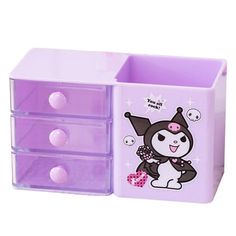 three drawers with cartoon characters on the front and one drawer has four compartments for storage