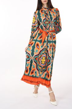 Printed pleat fabricBEULAH's best selling silhouetteMulticolor abstract designStand collarLong sleevesSelf fabric waist tieRegular fitImported100% POLYESTERModel is 5'10" Wearing a One SizeCaring for your clothes is caring for the envi... Multicolor Pleated Long Sleeve Maxi Dress, Multicolor Long Sleeve Pleated Maxi Dress, Multicolor Pleated Maxi Dress, Multicolor Pleated Dress For Fall, Design Stand, Denim Sweater, Wedding Linens, Pleated Maxi Dress, Pleated Fabric