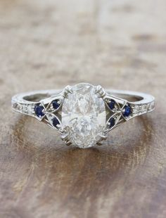 caption:Shown with 1.42ct oval diamond Diamond And Sapphire Engagement Ring, Diamond Sapphire Engagement Ring, Dream Engagement, Dream Engagement Rings, Sapphire Engagement Ring, Bygone Era, Halo Engagement Ring