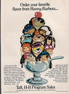 an advertisement for taff h b program sales featuring cartoon characters in a ice cream sundae