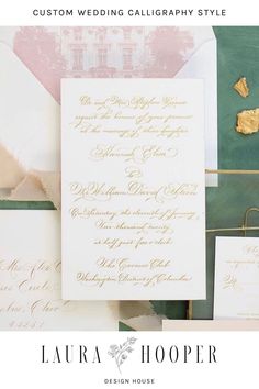 the wedding stationery is displayed with gold foil