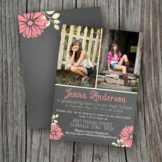 the graduation announcement card is displayed on top of a piece of wood with pink and gray flowers