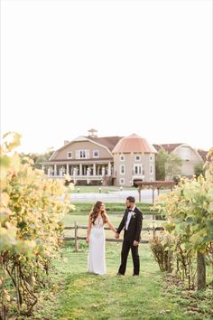 a bride and groom holding hands in the middle of a vineyard with houses in the background