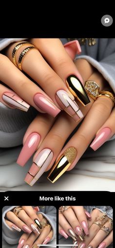 Gold Nail Designs Coffin, Natural Nail Designs Fall, 2 Tone Nails Designs, Medium Length Coffin Nail Ideas, Good Nail Ideas, Dior Nails Design, Pink Fall Nails Designs, Professional Nails For Work Business, Gala Nails