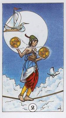 a tarot card with an image of a woman on a tightrope holding two gold discs