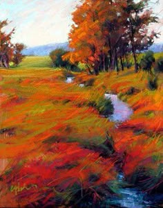 an impressionist painting of a stream running through a field