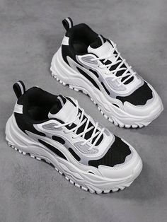 Women's Comfortable Chunky Sneakers Breathable Casual Walking Shoes With Thick Sole Black Sporty,Funky     Running Shoes,Chunky Sneakers   Women Shoes, size features are:Bust: ,Length: ,Sleeve Length: Shoes Sport Women, Black And White Shoes Women, Chunky Sneakers Aesthetic, Shoes For Skirts, Unique Shoes Sneakers, Shoes From Shein, Basket Shoes, Black Platform Sneakers, School Sneakers