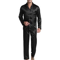 100% Polyester Button Closure Hand Wash Only High Quality Satin Poly Men's Pajama Set Nicely Tailored Satin Pajama Set With One Front Pocket On Chest Light Weight Material With Silky Feel For Comfy Night Sleep. Great Gift For Family Or Friend. New Dark Colored Fabric Will Lose Floating Color From Its Surface, Especially Black. We Suggest You Wash Your New Satin Products Before Wearing. If Possible, Please Use Neutral Detergent To Wash, Soap Or Alkaline Detergent May Increase Fading. Wash Separat Men’s Pjs, Black Long Sleeve Set For Night, Black Long Sleeve Sets For Night, Black Relaxed Fit Sets With Pockets, Black Sets With Pockets And Relaxed Fit, Black Relaxed Fit Loungewear Sets, Casual Black Sets For Night, Casual Long Sleeve Night Sets, Solid Color Sets With Button Closure For Loungewear