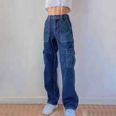 Outfit Formal Mujer, Hip Hop Jeans, Baggy Cargo Pants, Patchwork Jeans, Cargo Pants Women, Cargo Jeans, Pants Length, Straight Pants, Look Cool