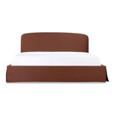 a bed with a brown headboard and white sheets on top of it, in front of a white background