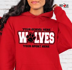 Personalized Wolves School Spirit T-Shirt Crewneck, Hoodie Hooded Sweatshirt Football, Baseball, Basketball, Softball, Track, Volleyball, Cross Country, Cheer, Wrestling Not all colors are available in all sizes and styles.  Please check the color and size charts in photos. We do our best to accurately represent shirt colors by using actual photos but do understand that all monitors will display differently. Please contact us prior to purchase with any questions on sizing or colors. Your purchase includes a custom imprint created specifically for your team! A product proof will be emailed to you within 1 business day.  Please keep an eye on your Etsy messages and reply with any changes within 24 hours. Your order will be sent to production after that time if no response is received. Excess Sporty Pre-shrunk Hooded Tops, School Spirit Sports Hoodie With Crew Neck, Sports Fan Hoodie Top, Fan Apparel Hoodie For Sports Events, Red College Hoodie With School Spirit Style, Pre-shrunk Sports Hoodie With Crew Neck, Winter Sports Top With Screen Print, Team-colored Hoodie With Team Name, School Spirit Hoodie With Graphic Print For Sports