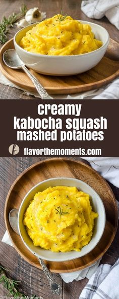 creamy kabocha squash mashed potatoes in a white bowl on a wooden plate