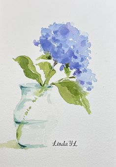 a watercolor painting of a blue flower in a glass vase with the words linda's 11 on it