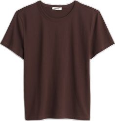 Classic Crew Neck Shirt With Relaxed Fit, Classic Relaxed Fit Shirt With Crew Neck, Brown Relaxed Fit Crew Neck Shirt, Relaxed Fit Brown Shirt With Crew Neck, Brown Cotton Crew Neck Top, Brown Cotton Crew Neck T-shirt, Classic Brown Relaxed Fit Tops, Basic Brown Cotton T-shirt, Classic Brown Cotton T-shirt