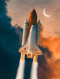 an image of a space shuttle taking off into the sky with moon and clouds in the background