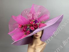 "Vogue hats are perfect for horse racing events, church, the Kentucky derby, weddings, garden tea parties and charity events. 100% Brand new, hand made and high quality. Size: One size / Adjustable inner band. Brim: approx. 10\" THIS HAT IS NOT RETURNABLE AND IS NON-REFUNDABLE. Please feel free to ask me any questions or special requests. All pieces are securely wrapped & boxed to prevent damage/breakage. Please visit my other shop https://www.etsy.com/shop/LadyHatsBoutique?ref=hdr_shop_menu Tha Hot Pink Hat, Tea Hat, Cocktail Summer, Tea Hats, Ladies Hats, Purple Hat, Woman Hat, Bride Hat, Women Hats Fashion