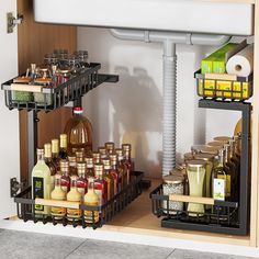 a kitchen cabinet filled with bottles and containers