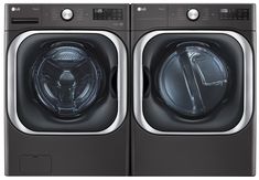 the front load washer and dryer are shown in black stainless steel, which is also