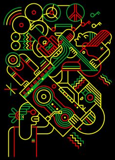 a black background with neon colored lines and abstract shapes in the shape of music instruments