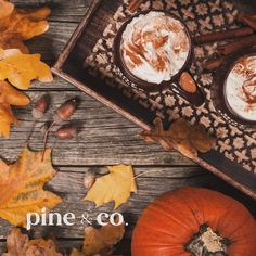 two cups of coffee on a tray with autumn leaves and pumpkins next to it