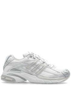 white/silver-tone panelled design front lace-up fastening mesh panelling signature adiPRENE technology padded ankle branded heel counter signature 3-Stripes logo logo-print tongue branded insole chunky rubber sole Adidas White Shoes, White Shoes Men, Chain Strap Bag, Balenciaga Track, Derby Shoes, Athletic Sneakers, Espadrille Shoes, White Adidas, White Shoes