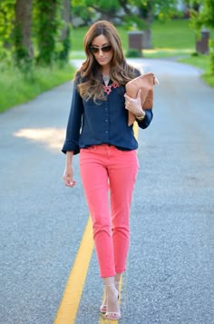 Bright Pants, Coral Outfit, Cobalt Dress, Teacher Wardrobe, Couture Looks, Walk The Line, Pink Jeans, Color Coral