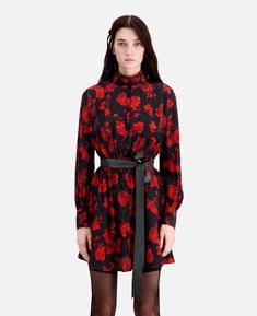 Short printed silk shirt dress | The Kooples - US Silk Floral Print Shirt Dress For Daywear, Silk Shirt Dress With Floral Print For Daywear, Fall Silk Shirt Dress For Daywear, Silk Shirt Dress For Fall Daywear, Silk Shirt Dress For Daywear In Fall, Formal Long Sleeve Floral Print Shirt Dress, Formal Long Sleeve Shirt Dress With Floral Print, Elegant Long Sleeve Silk Dress With Floral Print, Elegant Printed Shirt Dress For Work