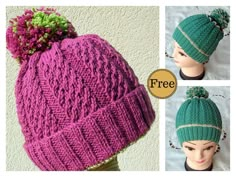 two pictures of hats with pom poms on them, one is purple and the other is green