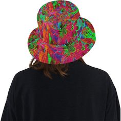 These Trippy Floral Summer Bucket Hats feature a Psychedelic Groovy Red and Green Wildflowers Original Design and will keep the Sun off your face on your trips to the Beach! The Unisex construction make it perfect for Women, Men, Teens and Tweens. Made from Chino Cotton Twill – these bucket hats are soft, comfortable, and fun! This Original Digital Oil Painting by My Rubio Garden features a Psychedelic Groovy Red and Green Wildflowers Batik Design with Fiery Magenta, Hot Pink, Orange and Blue Ba Green Wildflowers, Batik Design, Garden Features, Summer Bucket, Bucket Hats, Pink Orange, Cotton Twill, Original Design, Batik