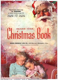 an old fashioned christmas book with santa claus and two children on the couch, all looking at each other