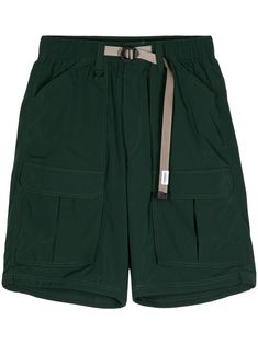 dark green logo patch to the rear belted waist two front cargo pockets two side slash pockets two rear jetted pockets concealed front fastening rear elasticated waistband thigh-length City Shorts, Green Logo, Balenciaga Triple S, Summer Beach Wear, Short Suit, Light Jacket, Jacket Style, Jean Coat, Cargo Shorts