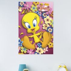 an image of a cartoon character with flowers on the wall above it and a clock