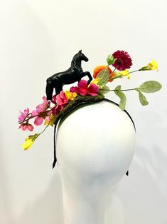 Horse Fascinator Derby Day Hat Polo Match - Etsy Black Mini Hats For Spring Garden Party, Spring Races Headpiece With Structured Crown, Unicorn Headpiece, Faux Grass, Polo Match, Crazy Hats, Derby Day, Wedding Hats, Derby Hats