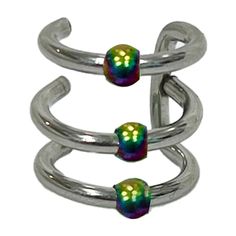 two silver rings with green and blue beads on them, one is shaped like a tree