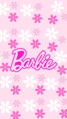 the word barbie is surrounded by pink and white daisies on a light pink background