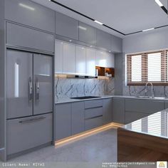 a modern kitchen with marble counter tops and stainless steel appliances, along with wooden shutters