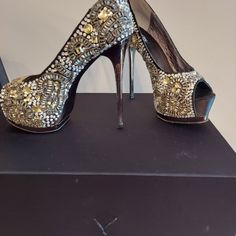 Satin Black Heels With Dazzling Hand Beaded Rhinestone. Pre-Owned Heel Height 5 1/2 Platform 2" Rhinestones Heels, Rhinestone Heels, Black Label, Hand Beading, Black Heels, Shoes Women Heels, Heel Height, Shoes Heels, Size 7