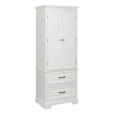 a white armoire with drawers on the top and bottom drawer, in front of a white background