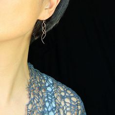 "This unique dangling long earrings are handmade either from 14k rose gold filled wire. Free shipping for US customer. Perfect gifts for any occasions. Linear long earrings draws attention along vertical lines, visually elongating the face length, increase your height. The principles of beauty and grace realized in serpentine lines. S curves modulate from one gradient to another. The \"S\" curves signify liveliness and activity and excite the attention of the viewer. They are \"The Line of Beaut Silver Copper Wrap Earrings Gift, Rose Gold Sterling Silver Linear Earrings, Elegant Copper Wrap Earrings, Handmade Sterling Silver Earrings With A Modern Twist, Handmade Earrings With A Modern Twist As A Gift, Rose Gold Sterling Silver Threader Earrings, Rose Gold Sterling Silver Wrap Earrings For Gifts, Increase Your Height, Spiral Earrings