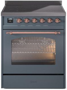 an oven with two burners on the front and one door open, in grey