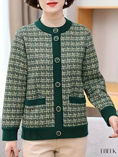 Ebeek - Elegant Button Front Coat Womens Casual Long Sleeve Crew Neck Outerwear Womens Casual, Coats For Women, Knit Fabric, Collar Styles, Casual Women, Weaving, Crew Neck, Long Sleeve